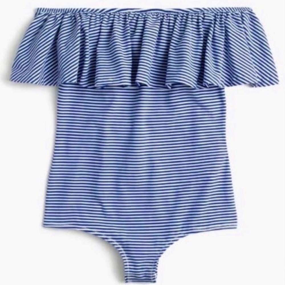 NWT J. Crew Off-the-shoulder Ruffle Bodysuit in Ocean/White Stripe